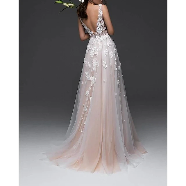 Abiti da sposa senza schienale vedi attraverso abiti da sposa A-Line scollo a v Tulle Appliqued abito da sposa Boho economico Robe De Mariée