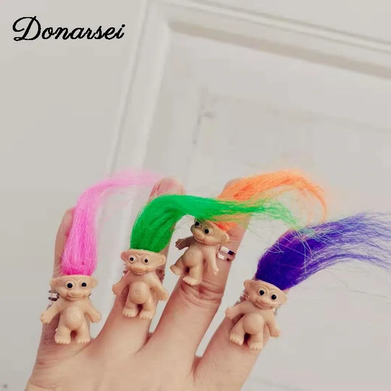 Donarsei Cute Ugly Doll Open Rings For Women Vintage Handmade Long Hair Doll Female Adjustable Finger Rings Gift