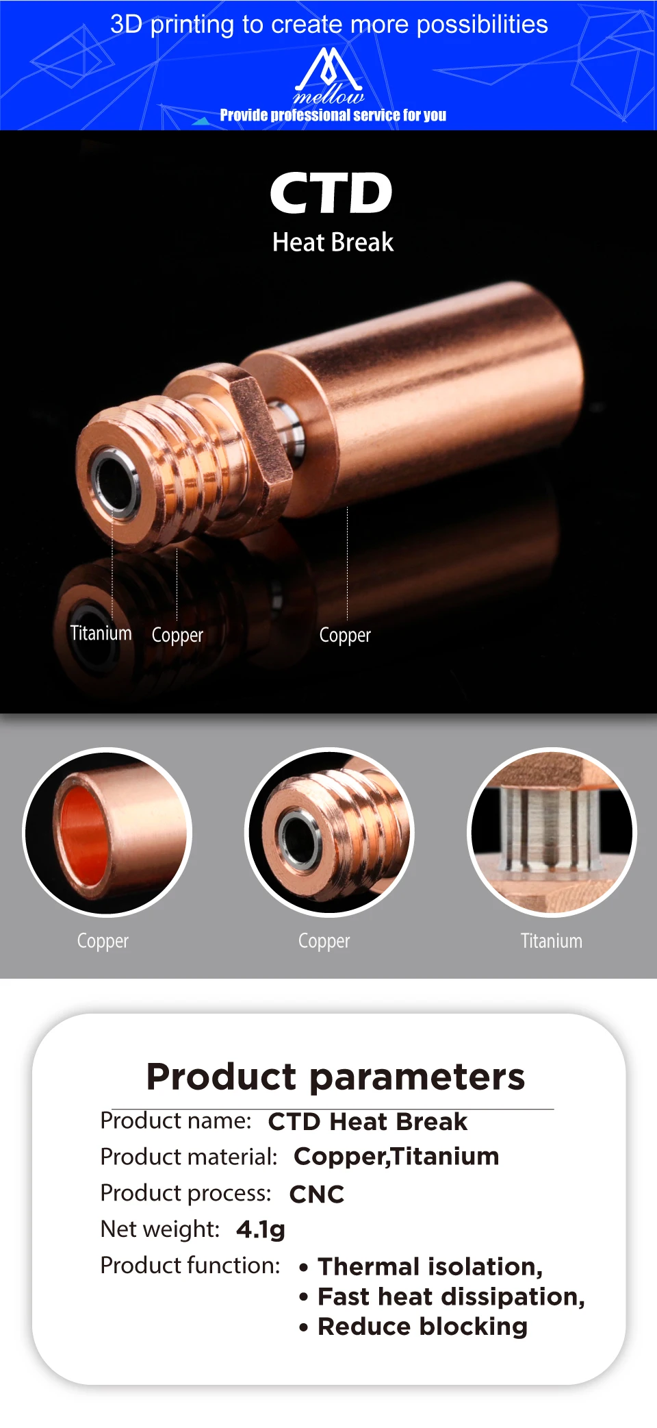 Mellow NF-CTD Heat Break Bi-Metal Chimera Hotend Throat For