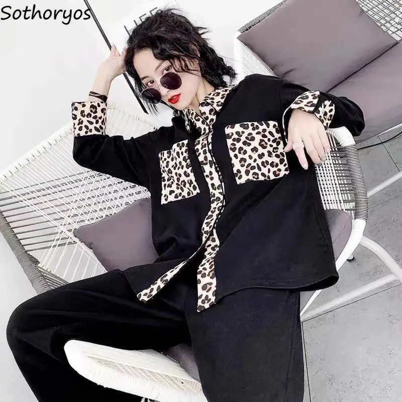 

Fashion Leopard Pajama Sets Women Spring Black Homewear High Quality Female Nighty Pocket Tender Draped Soft Lounge Outfits Cozy