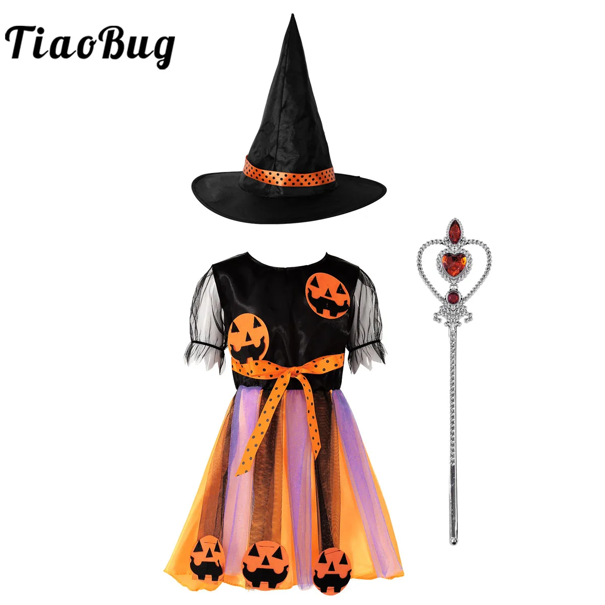 Vestido de Cosplay de bruja para niños, conjunto de vestido de tutú de calabaza para fiesta de carnaval, conjunto de vestido con sombrero puntiagudo