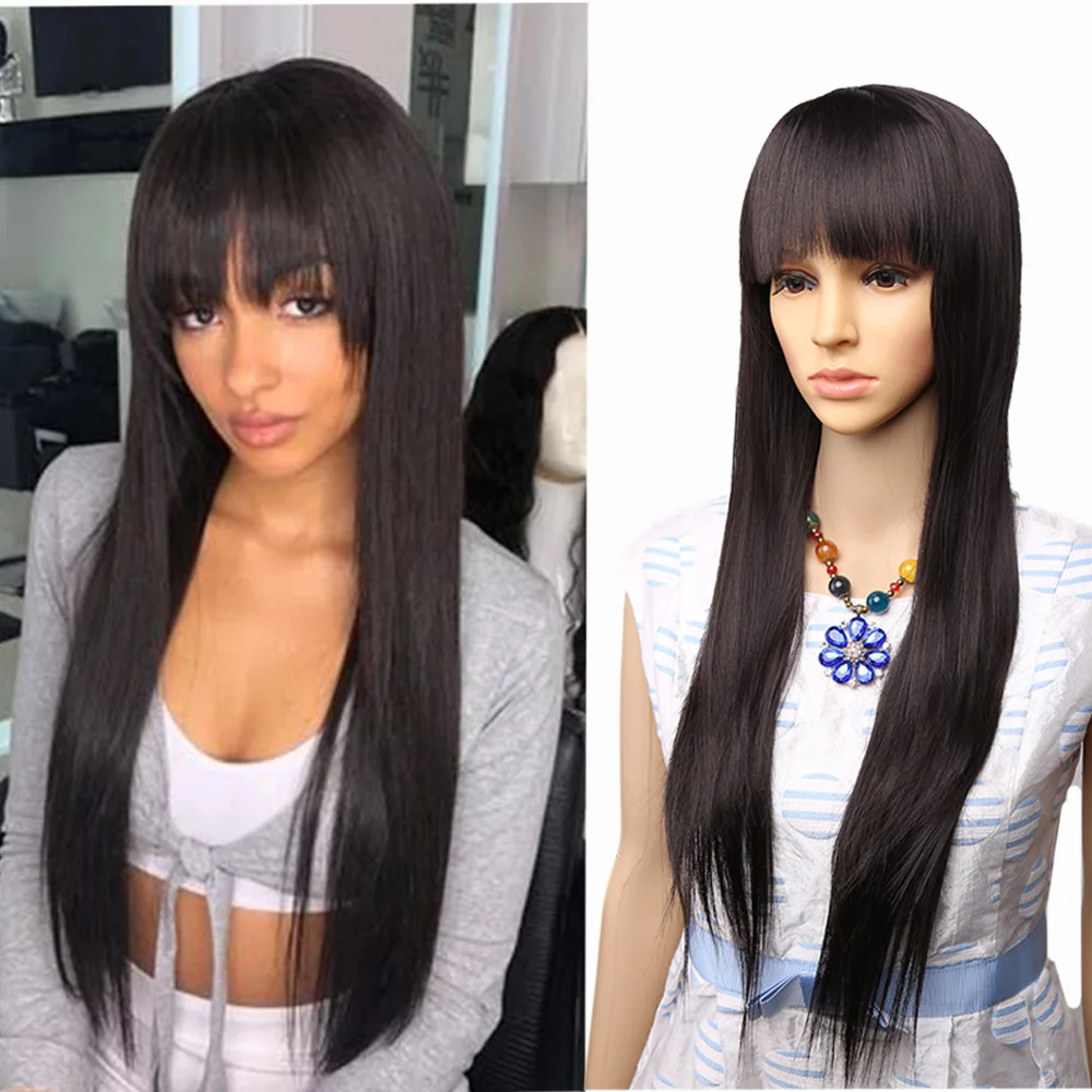 Amir Brown Synthetic Wigs For Women American African Long Straight Hair With Bangs Mixed Black And Brown Ombre Blonde Wig