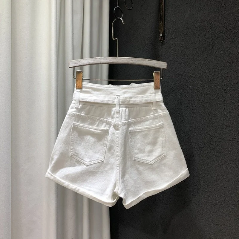 

Summer Women Fashion Irregular High Waist Wide Leg Trousers Belted Slim Fit Flare Shorts Casual Streetwear Denim Shorts White
