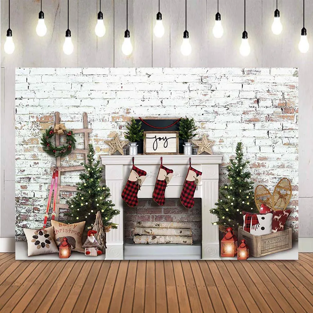 Merry Christmas Fireplace Photography Backdrop Brick Christmas tree Snowshoes Red Sock Vintage Light Photo Background Studio