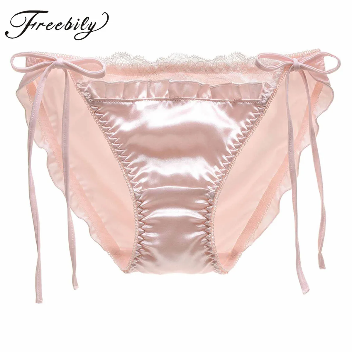 Womans Girls Sissy Satin Lace Trim Low Rise Tie Side Bikini Briefs Panties Underwear Underpants Lovely Cute Lolita Underpants