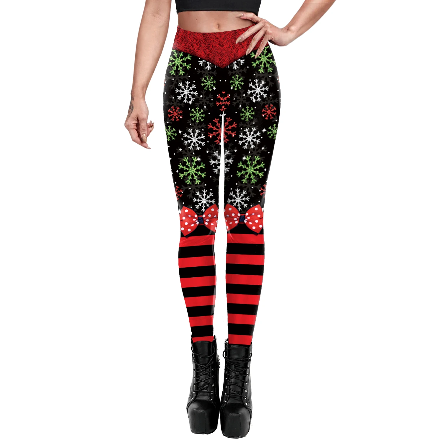 VIP FASHION Women Christmas Print Pajama Costume Adult Stretchy Fitness High Waist Trousers Female Xmas Pants