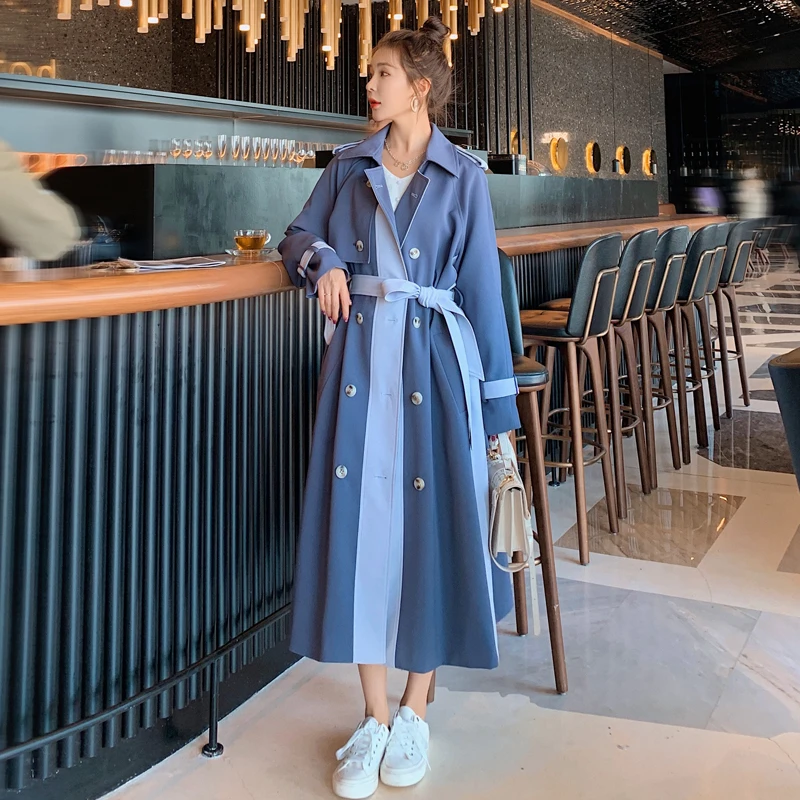 

Brand Pop Fashion Patchwork Trench Coat Women Long Double Breasted with Belt Lady Windbreaker Duster Coat Female Outerwear Cloth