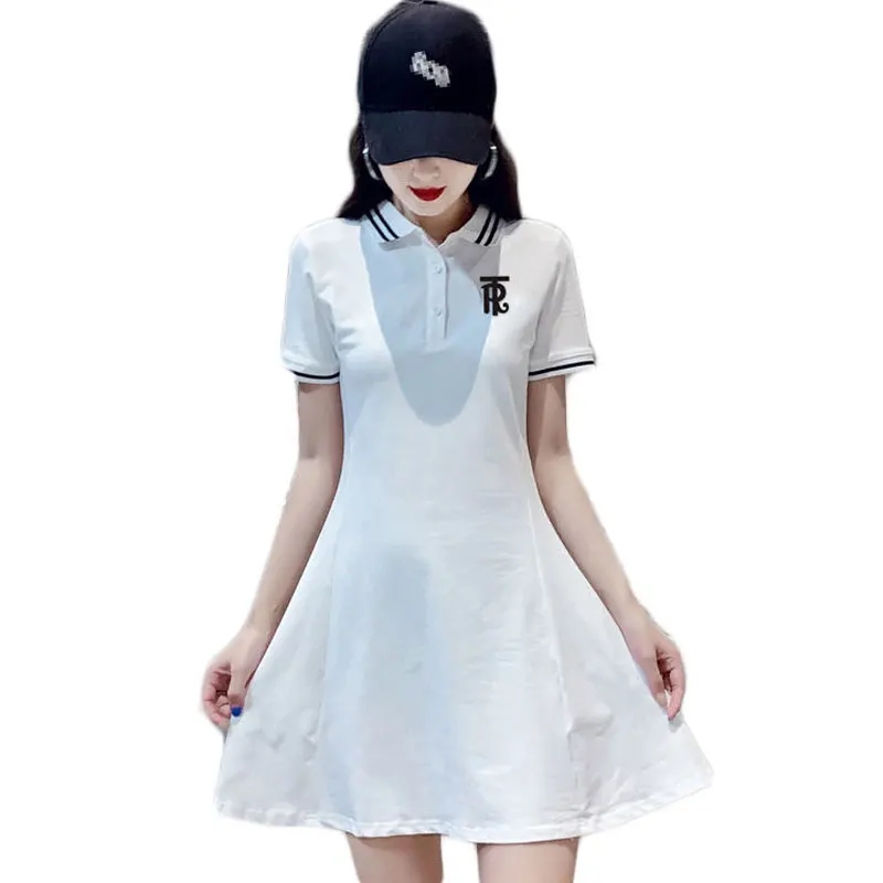 Women Polo T-shirt Dress Striped Short Sleeve Summer Elegant Embroidery Tennis Dresses Female Casual Preppy Style A Line Dresses