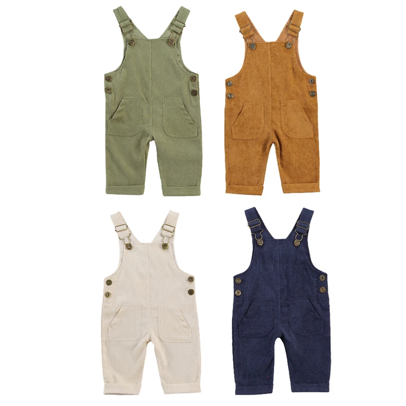 lioraitiin 0-24M Baby Boys Girl Suspender Pants Buttons Loose Fit Solid Color Adjustable Buckle Jumpsuit Pockets Fashion Romper