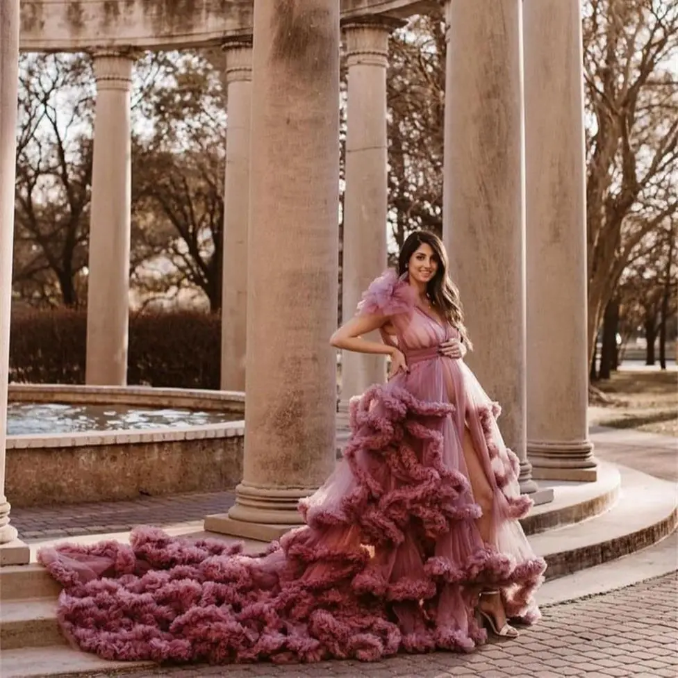 Luxury Ruffles Maternity Gowns For Photoshoot Tiered Skirts Long Train Custom Made Prom Dresses Bathrobe Pregnancy Gowns