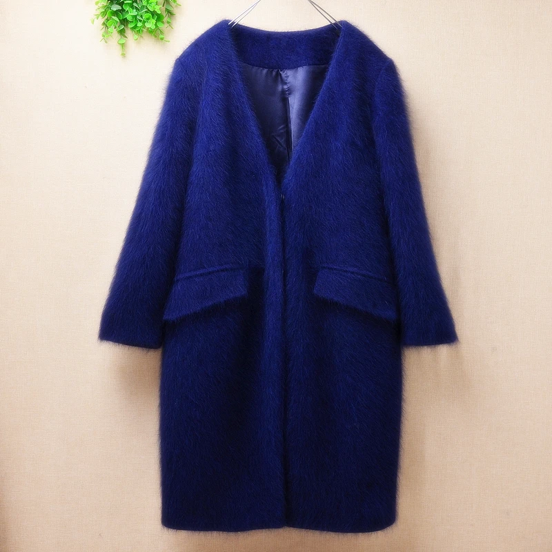 

ladies women blue thick warm medium long fuzzy mink cashmere v-neck long sleeved cardigans button angora rabbit fur jacket coat