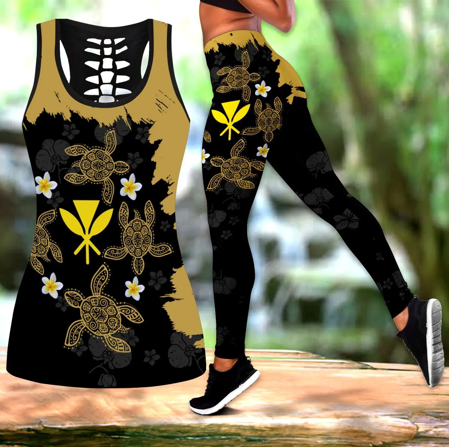 Leggings con estampado 3D de flores de tortuga polinesiana, top sin mangas, elástico, Sexy, para mujer, DDK36