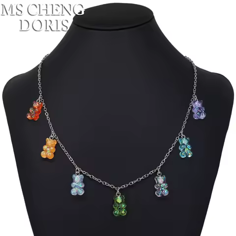 Dropship Multicolor Transparent Bear Necklace Cute Candy Color Resin Gummy Bear Pendant Necklace Women&amp;Girl Daily Jewelry Party