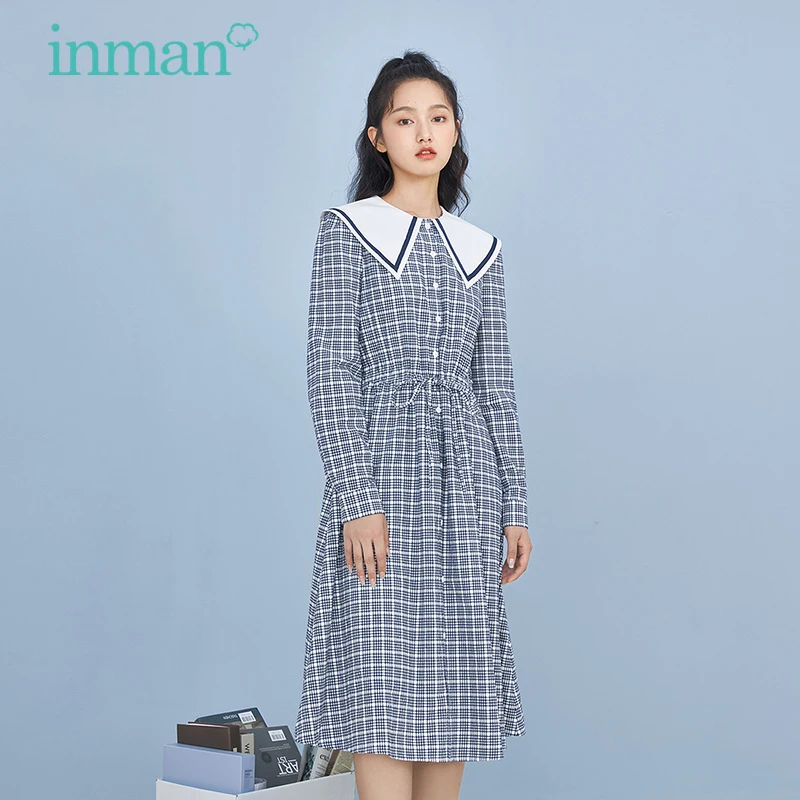 INMAN Women's Dress Spring Autumn Casual Sweet Plaid Doll Collar Tether Waisted  Pure Cotton One-Piece