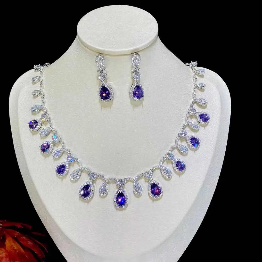 Set di gioielli in argento di alta qualità e zirconi verdi accessori per feste di matrimonio da sposa collana con goccia di colore viola per le donne