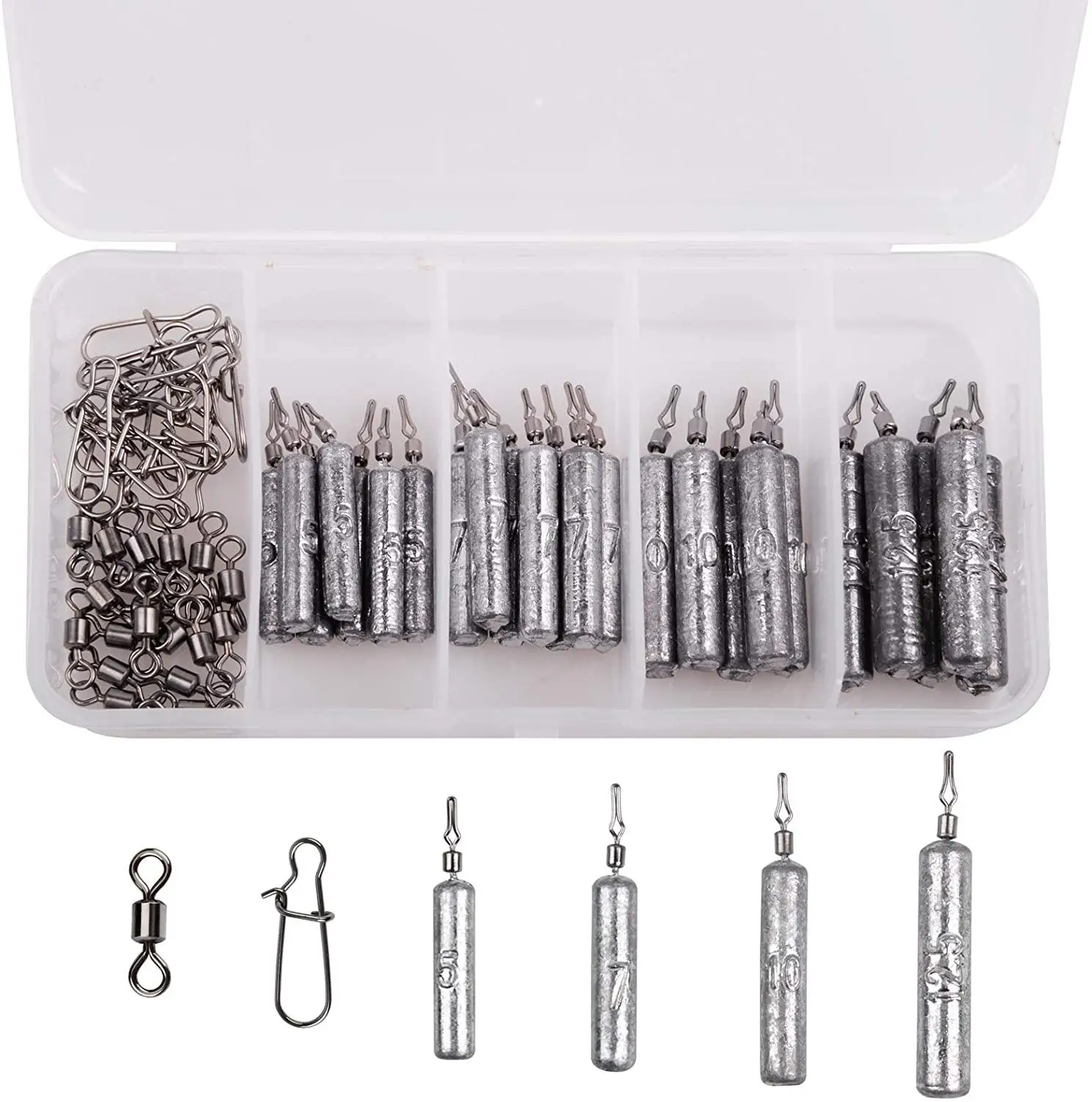 54pcs Fishing Drop Shot Weight Kit Include Fishing Sinkers Rolling Swivel Duo-lock Snap Fishing Tackle Accessories