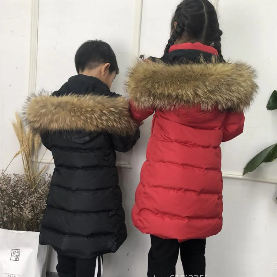 

Hot selling wholesale teenage boys big real fur collar down jackets warm winter thicker high quality long coats children top -30