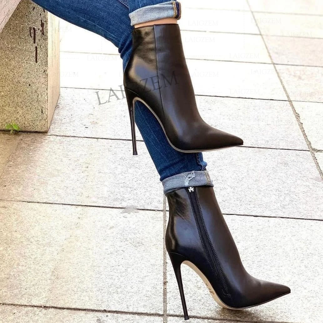 DOHBANER Ankle Boots For Women Pointy Toe Side Zip Thin High Heels Faux Leather Ladies Party Shoes Woman Big Size 39 43 44 46 47