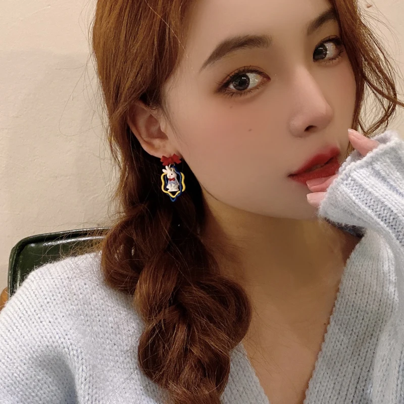 925 Silver Needle Cute Jewelry Bownot Little Rabbit Earrings New Trend Lovely Blue Yellow Drop Earrings For Women Accessories