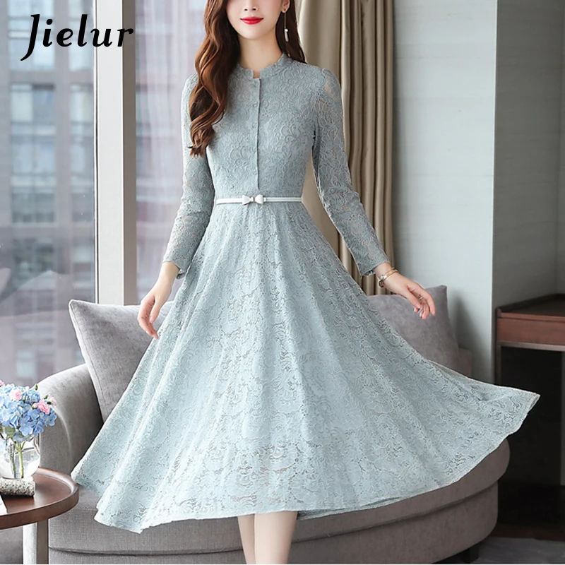 Jielur-Vestido Trompete Feminino com Renda O Pescoço, Vestido Manga Longa, Coreano, Magro, Sexy, Elegante, Escritório, Moda Outono, M-3XL, Novo