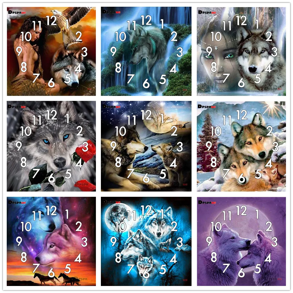 Dpsprue Full Diamond Painting Cross Stitch Animal Wolf With Clock Mechanism Mosaic 5D Diy Square Round 3d Embroidery Gift