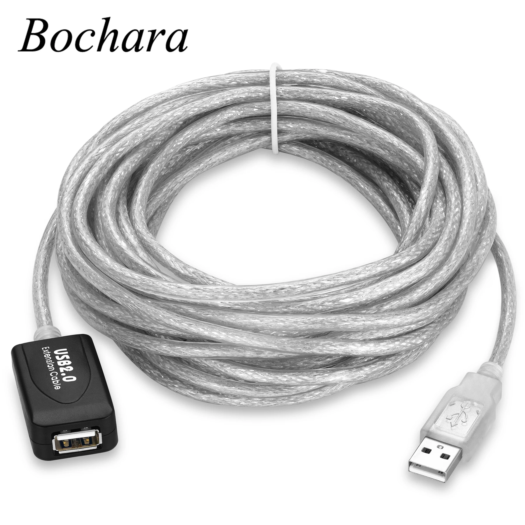 Удлинительный кабель USB 7,6 Bochara, 2,0 м, USB 2,0, тип A, штекер-гнездо, двойное экранирование (фольга + оплетка), активный усилитель микросхем