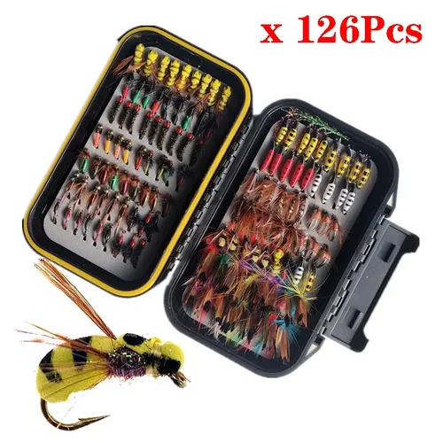 Imagen 1 del producto 40/78/126 unids/caja estilos mixtos señuelo de Pesca con mosca ninfa húmeda/seca moscas artificiales cebo aparejos de Pesca Kit de carpa y trucha