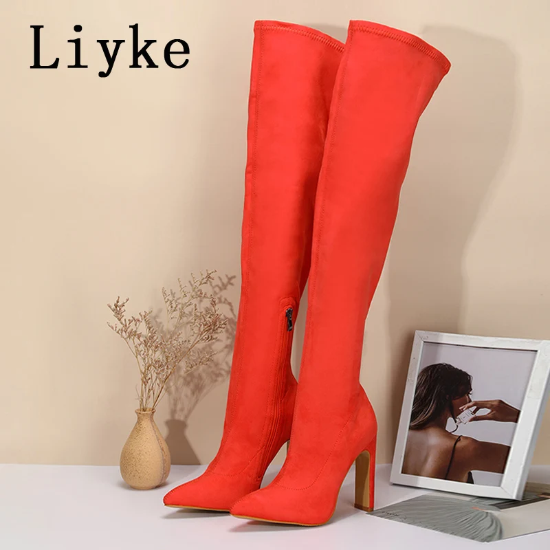 Liyke Sexy Over The Knee Thigh High Boots Femme Red Brown Stretch Flock Pointed Toe Heels Fashion Zip Long Women Shoe