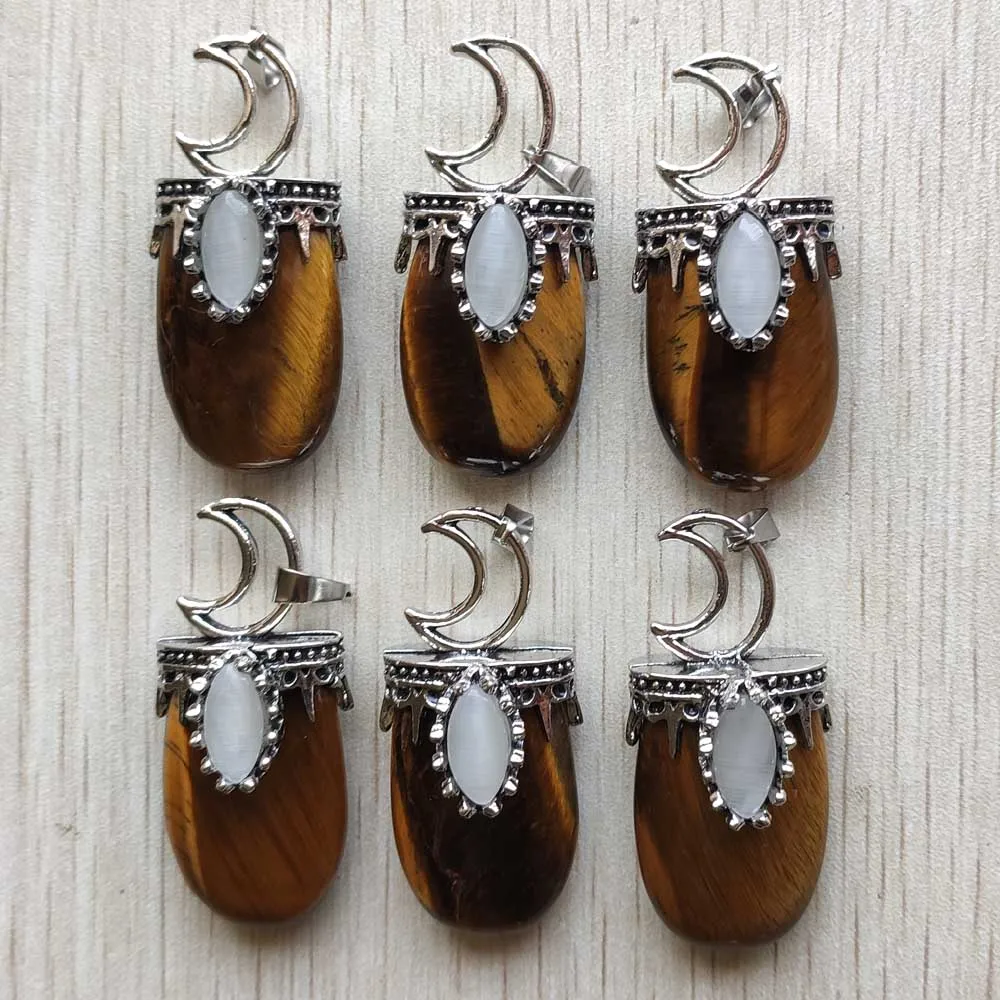 

Beautiful natural tiger eye stone metal alloy Moon crown pendants for jewelry making diy necklace accessories wholesale 6pcs