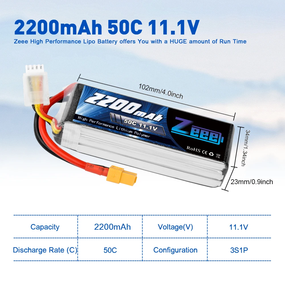 Zeee-batería Lipo con enchufe XT60 para Dron cuadricóptero QAV250, 2200mAh, 3S, 11,1 V, 50C, 2 unidades