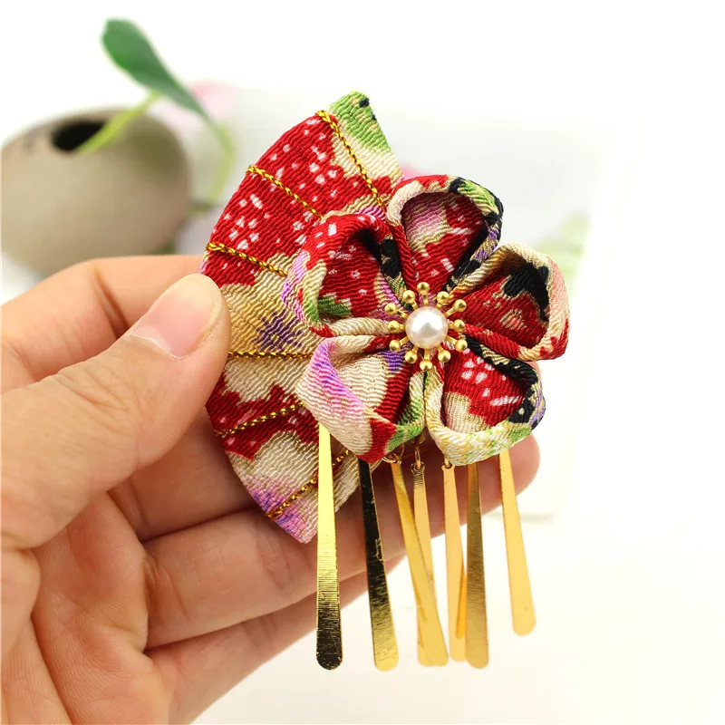 Maru-Tsumami Kanzashi Fan Shape Sakura Hairclip Traditional Japanese Flower Metal Tassel Kimono Accessory Geisha Handmade HW062