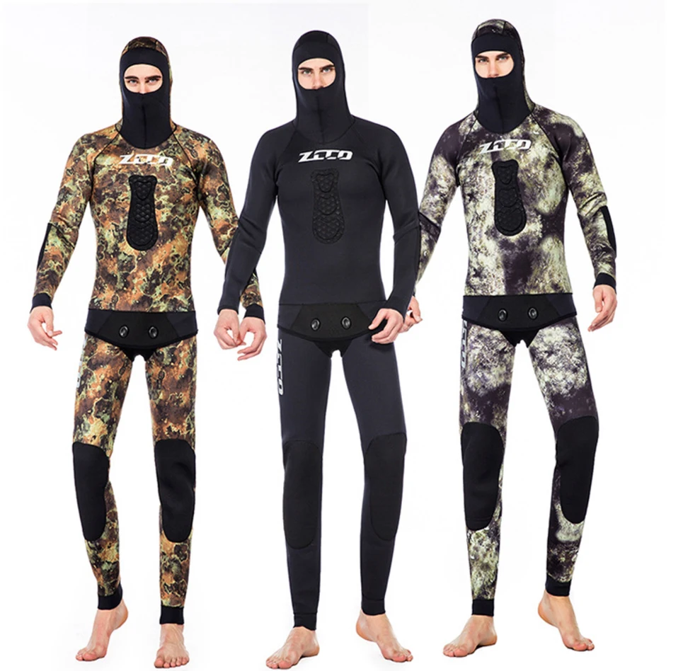 ZCCO 5MM neoprene hood Wetsuit men women Scuba spearfishing Camouflage diving suit winter thermal Deep swimming 2 pieces set