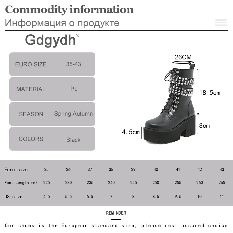 Gdgydh High Chunky Heels Boots Goth Rivets Ankle Strap Platform Boots Female Girlfriend Black Leather Mid Calf Boots Womens