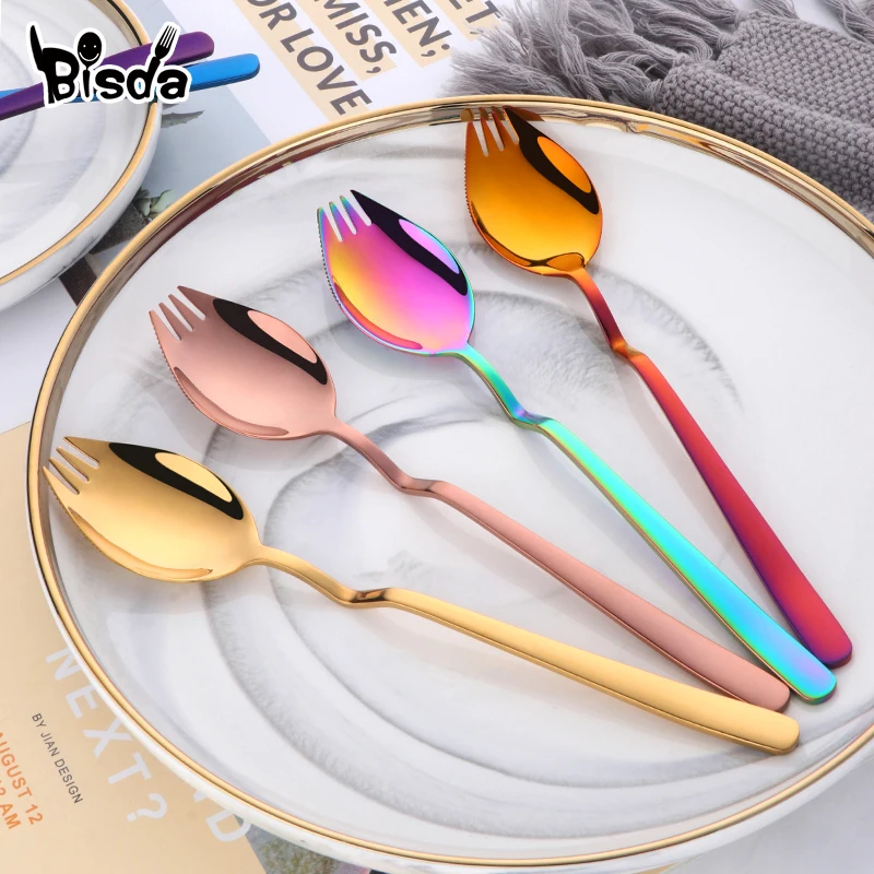 Stainless Steel Spoon Fork, Spork Hanging Cup, Salad Spoon, 8 Color, Dessert Snack Forks, Reusable Gold Party Dinnerware, 1Pc