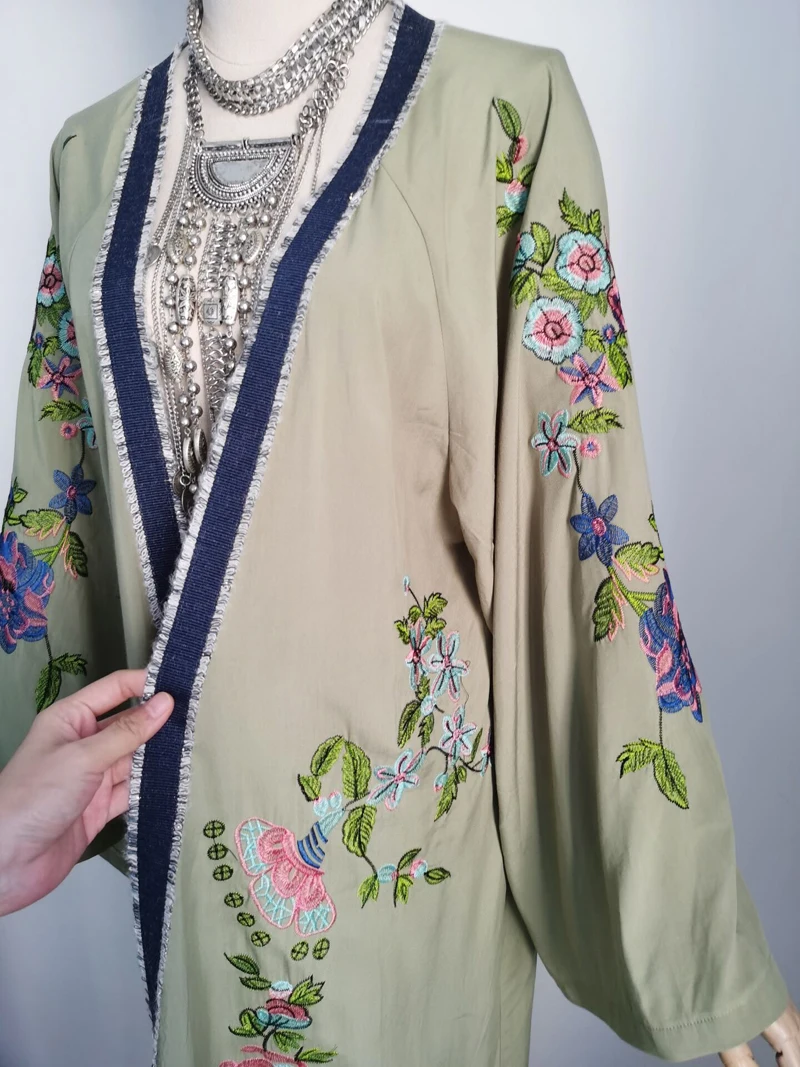 TEELYNN Long Boho Cardigan Light Green Floral Embroidery Beach Bikini Cover Up Kaftan Kimono Robe Summer Loose Women Blouses