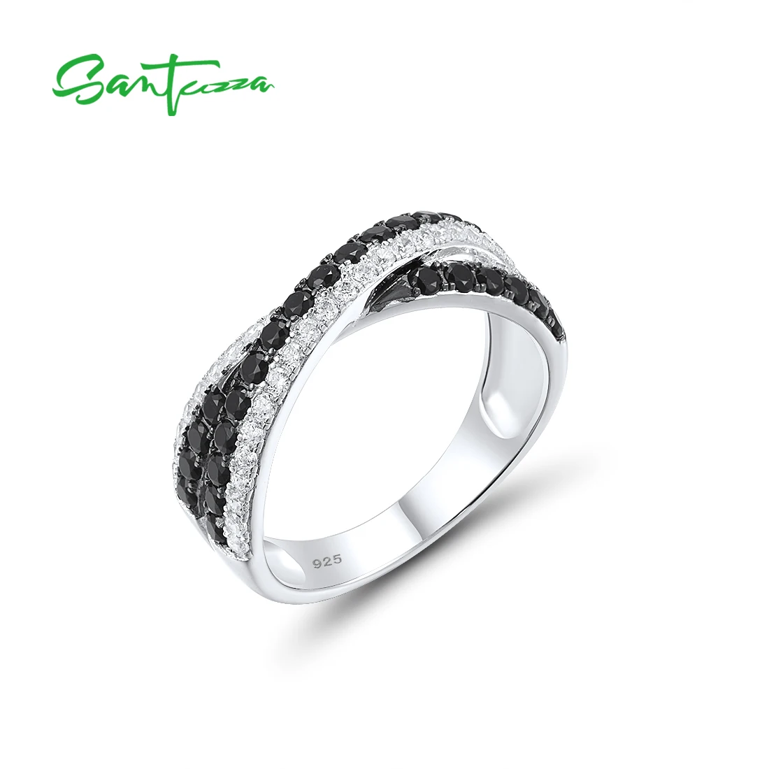 SANTUZZA Silver Ring For Women Genuine 925 Sterling Silver Black Brown Spinel White CZ Cross Daily Wear Ring Gifts Fine Jewelry