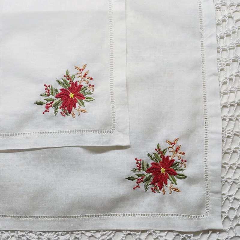 Set of 12 Handkerchiefs White Linen Fabric Cloth Wedding Hankies Hemstitched Border Embroidery Floral Hanky 13“x13\