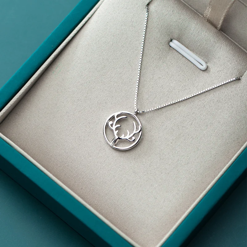 100% 925 Sterling Silver Circle Deer/Elk Antlers Pendant & Chain Necklace Gift For Student/Girl/Women Animals Christmas Jewelry