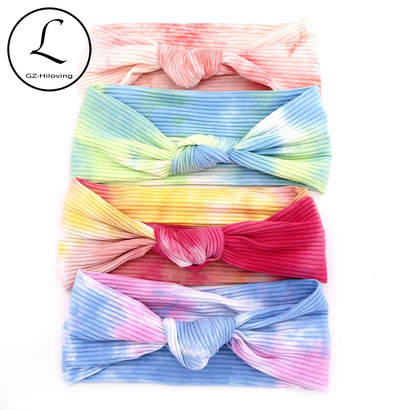 Colorful tie dye women ribbed cotton headbands Hairbands Soft Rainbow Knot Bow Headwear Turban For Ladies Girls Dropshipping