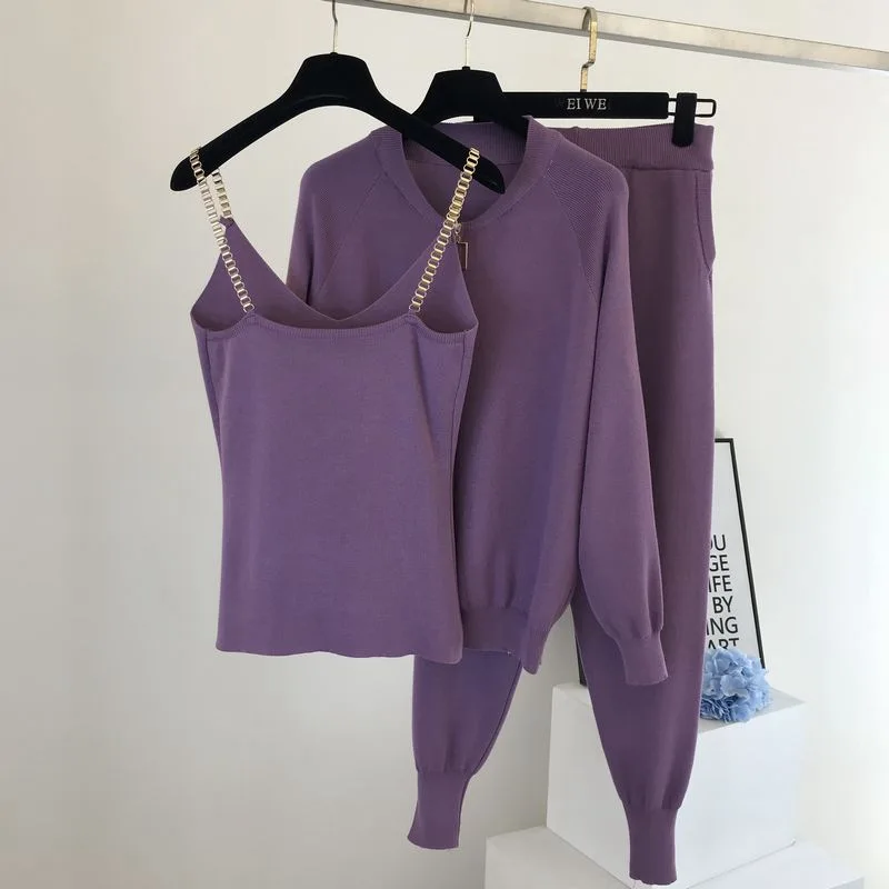 3 piece set women knitted set Zipper cardigan jacket+pencil pant+camisole matching sets Purple black khaki outfits for women