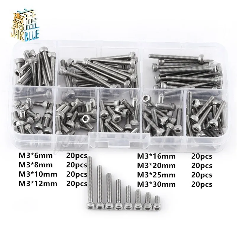 

160Pcs/set M3 Metric Thread Hex Socket Cap Head Screws Bolts SS304 Stainless Steel M3 Screws Assortment Set Fastener Hardware