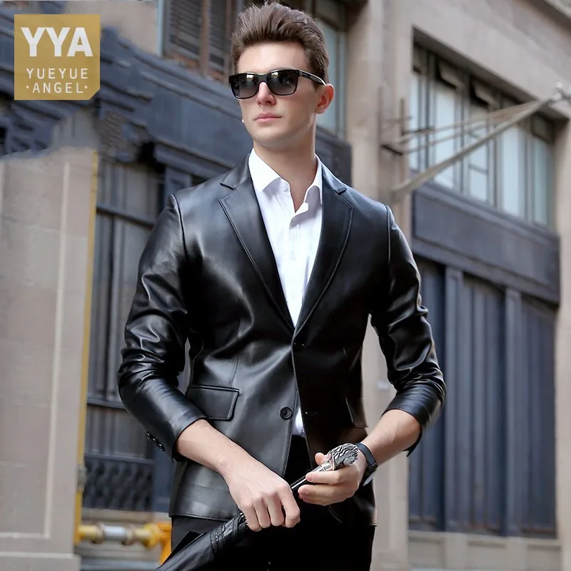 Mens Business Casual Genuine Leather Suit Jacket High Quality Spring Autumn Slim Fit Classic Black Sheepskin Short Blazer