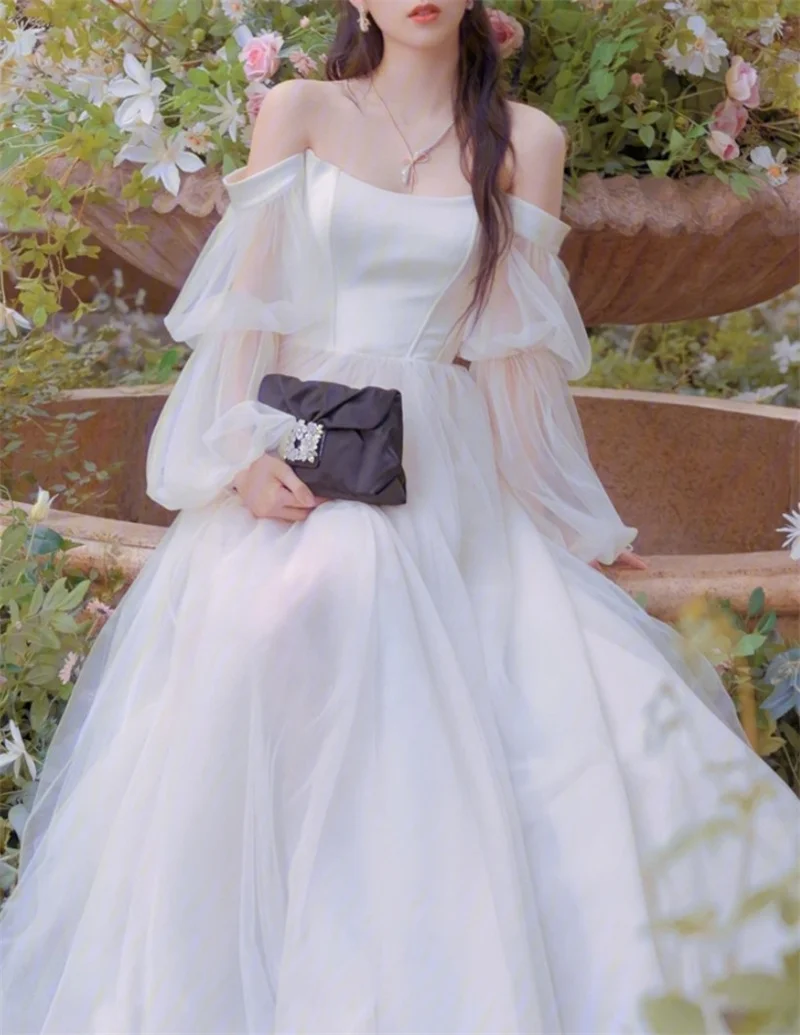 Einfache Off Schulter Korea Stil Puffy Sleeve Hochzeit Kleid Elegante Tüll A-linie Brautkleider vestidos de mairee Hochzeit