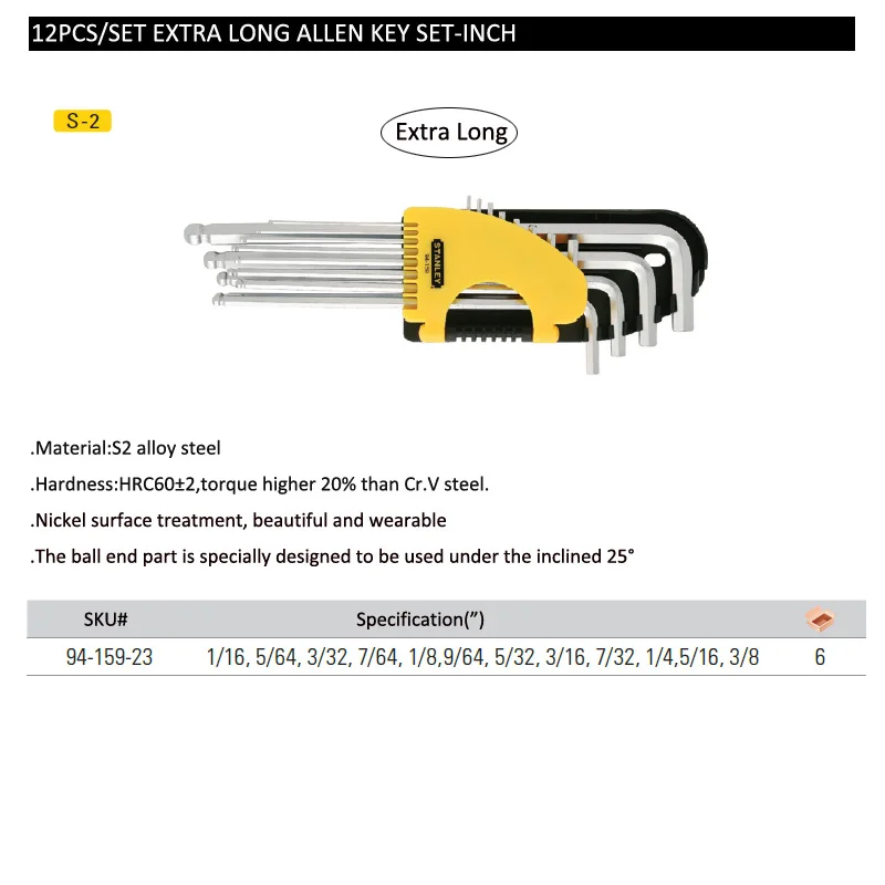 Stanley Imperial Ball End mini Standard Long Allen Key Set with Holder Bike Mechanical Tools Kit Torque Hex Key Set Inch L-shape