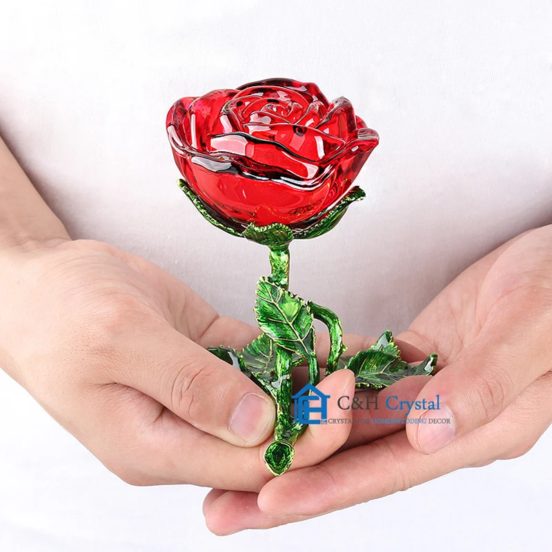 C&H Top K9 Crystal Red Rose Flower Figurine Craft Wedding Valentine's Day Favors Gift Wedding Table Decoration Ornament