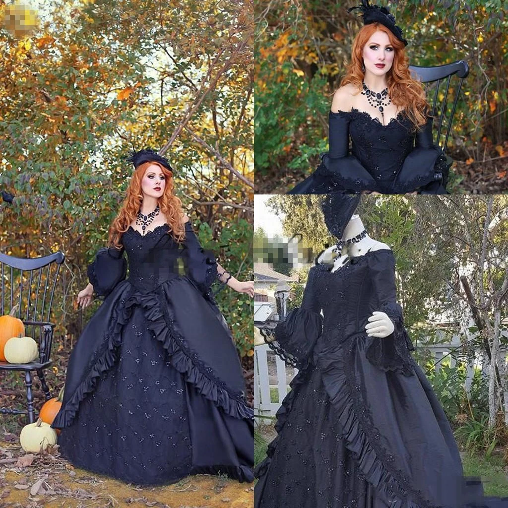 Medieval Renaissance Wedding Dress Flare Sleeves Satin Black Gothic Bridal Gowns Princess Masquerade Costume Customized