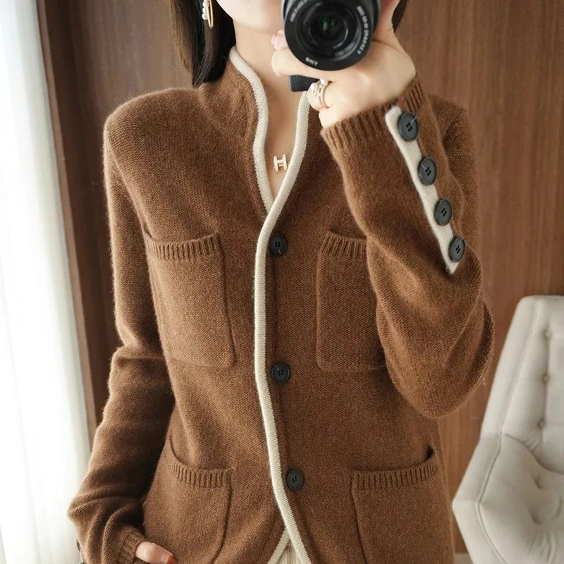 Autumn Winter Wool Cashmere Sweater Women\'s Stand-up Collar Cardigan Sweater Patchwork Button Warm Knitted Coat Women Tops