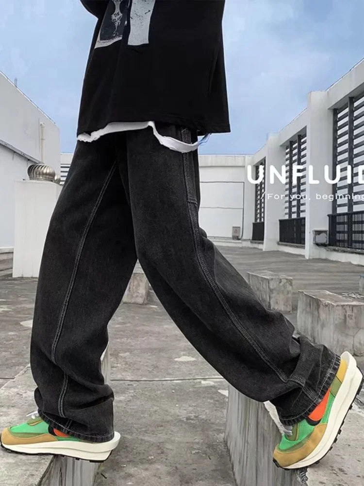 ICCLEK High Street American Jeans Retro Washed Jeans Men's Loose Wide-leg Straight-leg Pants Spring and Autumn Casual Pants