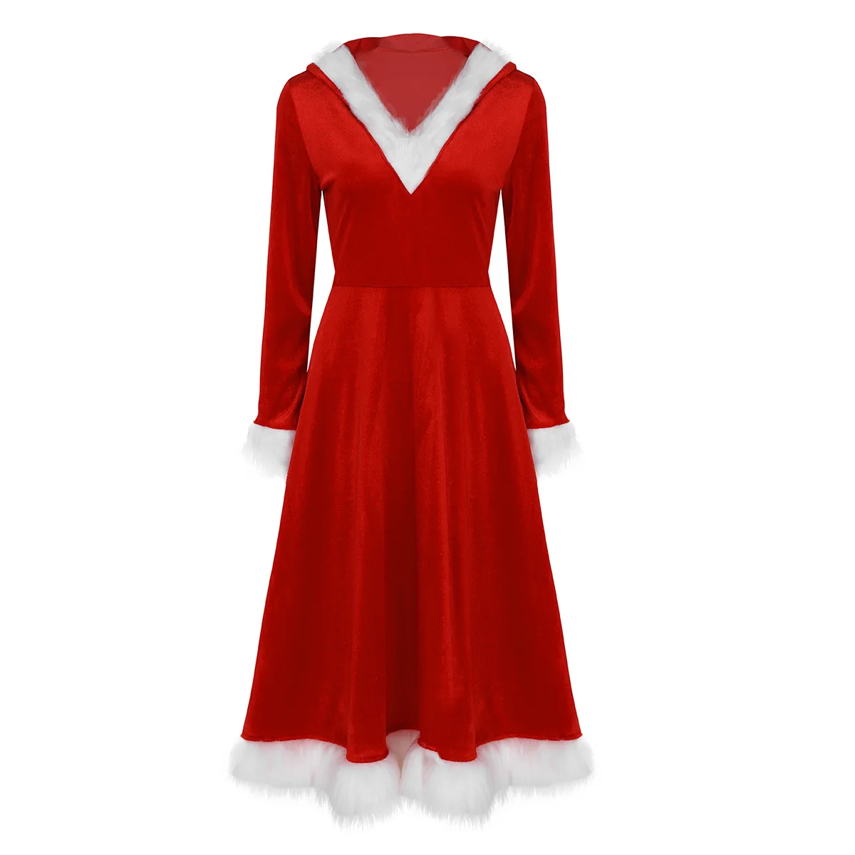 New Year Christmas Dress Soft Velvet Women Santa Dress V-neck Long Sleeve Plush Warm Hooded Fancy Pleated Xmas Dresses