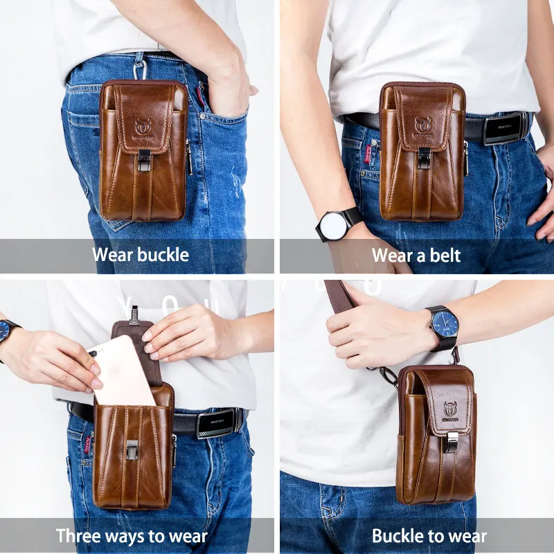 BULLCAPTAIN  Genuine Leather Vintage Waist Packs Men Travel Fanny Pack Belt Bum Shoulder Bag Waist Bag Mobile Phone Pouch